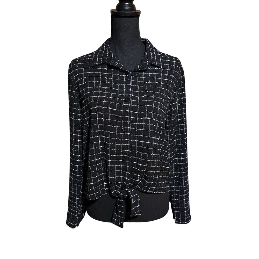 Shelly Black Semi Sheer Window Pane Plaid Blouse Top Women's Small